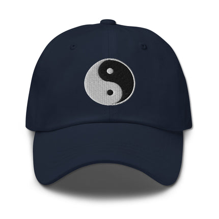 Dad hat featuring embroidered black and white Yin Yang symbol design.