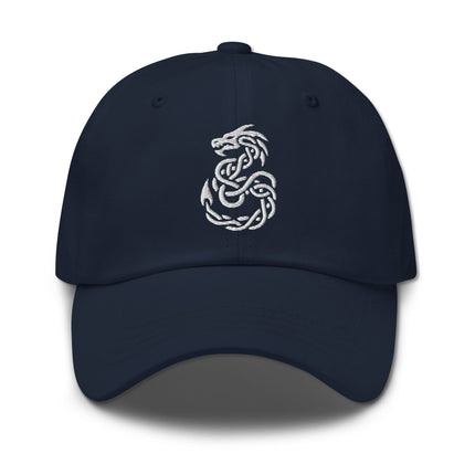 Knotwork dragon baseball cap featuring intricate embroidered Celtic knotwork design.