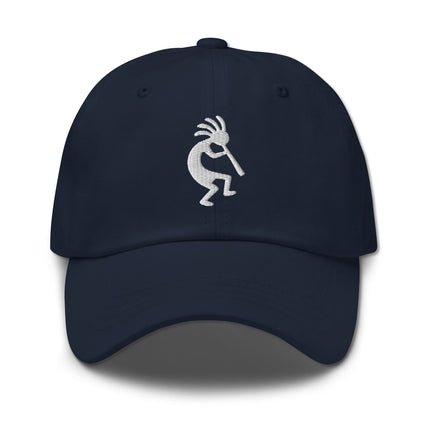 Embroidered baseball cap featuring Kokopelli and native American flute player motifs.