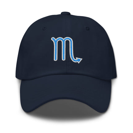 Blue embroidered baseball cap featuring the Scorpio zodiac sign symbol.