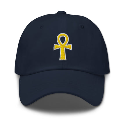 Embroidered gold Ankh symbol on a black dad cap, representing the Egyptian symbol of life.