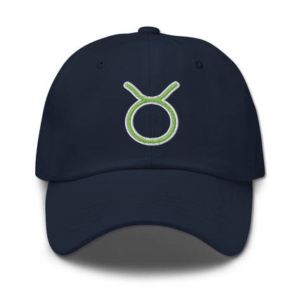 Green baseball cap with embroidered Taurus zodiac symbol embroidery for astrology fans.