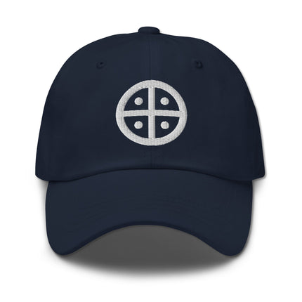 Solar cross symbol embroidered baseball cap with ancient sun wheel design.