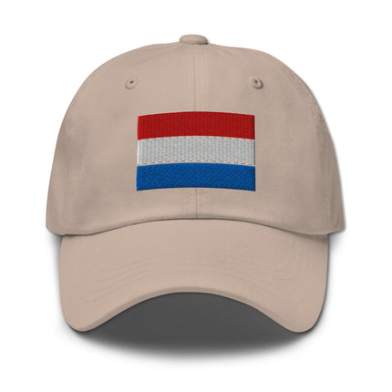 Embroidered Dutch Pride dad hat featuring the Netherlands flag on an unstructured baseball cap.
