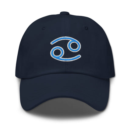 Blue dad hat with embroidered Cancer zodiac sign design.