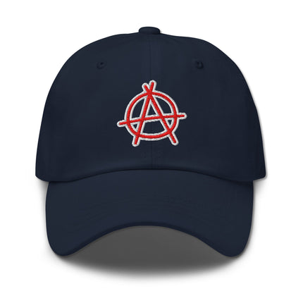 Embroidered red dad hat with Anarchy symbol and circular 'A' logo.