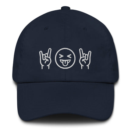 Embroidered rock emoji dad hat featuring a fun graphic with a hand gesture and tongue out face.