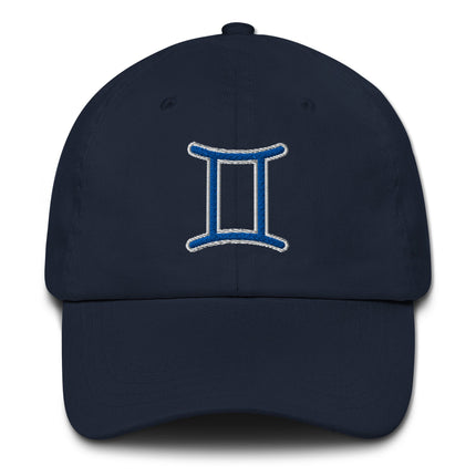 Blue embroidered Gemini Zodiac Symbol baseball cap featuring the astrological sign of the Twins.