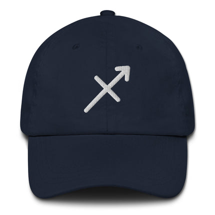 Sagittarius zodiac embroidered baseball cap featuring the constellation arrow symbol.