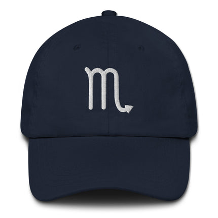 Black dad hat featuring embroidered Scorpio zodiac constellation symbol.
