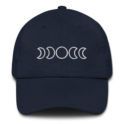 Baseball cap featuring an embroidered moon phases graphic illustrating the full lunar cycle.