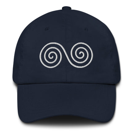 Embroidered double spiral Celtic infinity symbol on a baseball cap.