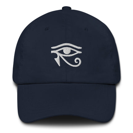 Embroidered Eye of Horus baseball cap featuring ancient Egyptian protection symbol.