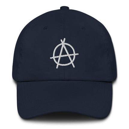Anarchy symbol embroidered dad hat featuring the classic A circle anarchist design.