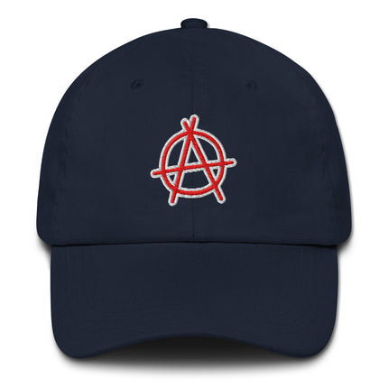 Red embroidered dad hat with anarchy symbol 'A' in a circle design.