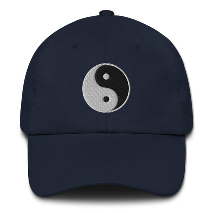 Embroidered Yin Yang symbol dad hat baseball cap graphic design.