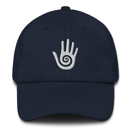 Embroidered baseball cap featuring the sacred Hopi Healing Hand symbol design.