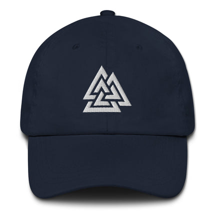 Embroidered Valknut symbol baseball cap with Norse Viking warrior knot design.