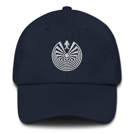 Embroidered Native American dad hat featuring the Man in Maze I'itoi design.