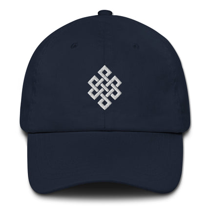 Embroidered Endless Knot baseball cap featuring Buddhist knotwork symbol design.