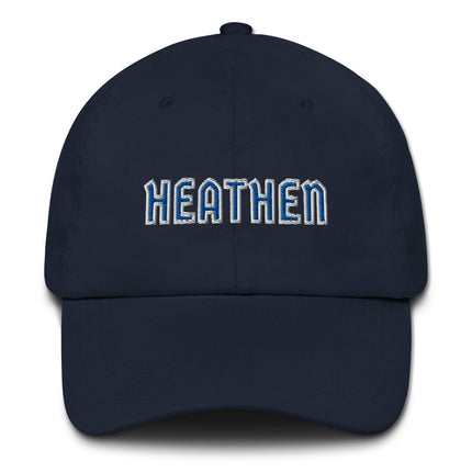 Blue and white embroidered dad hat featuring 'Heathen' text on an unstructured baseball cap.