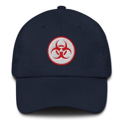 Red Biohazard Symbol Baseball Cap | Embroidered Danger Warning Hat