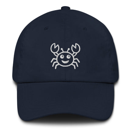 Embroidered baseball cap with a cute, smiling cartoon crab sea life design.