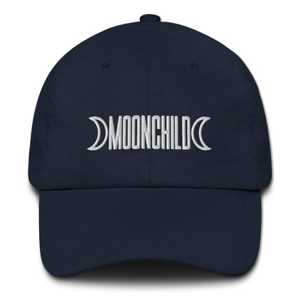 Embroidered dad hat with triple moon spiral wiccan goddess symbol design.