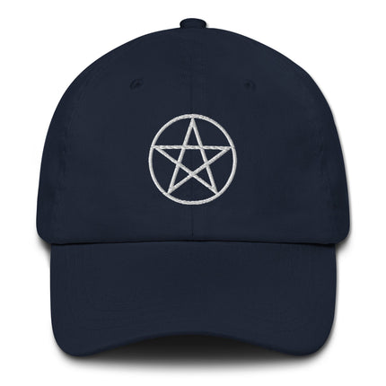 Occult pentagram embroidered dad hat for witchcraft themed apparel.