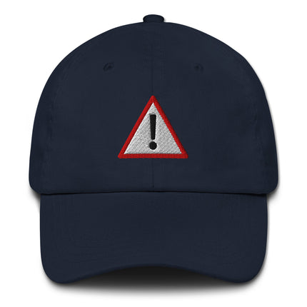 Embroidered danger warning symbol dad hat with an exclamation mark design.