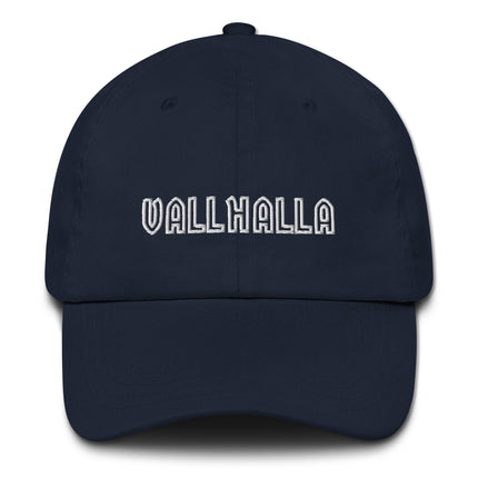 Valhalla embroidered baseball cap featuring Norse mythology viking design.