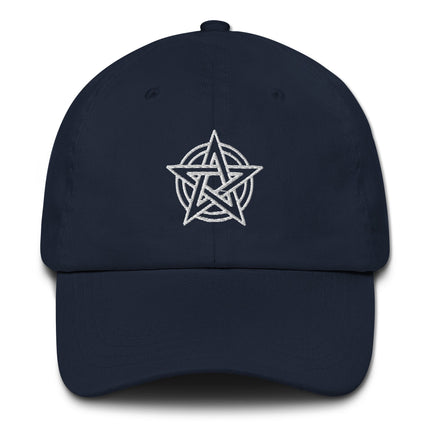 Embroidered pentagram dad hat featuring an occult pentacle design on a cotton cap.