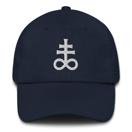Embroidered Leviathan Cross and Brimstone symbol dad hat cap.