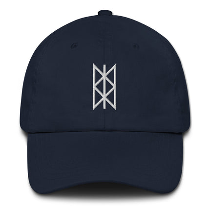 Embroidered Viking dad hat featuring the Norse Web of Wyrd symbol and mystic runes.
