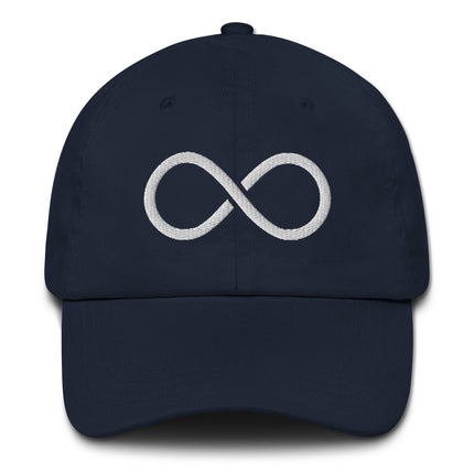 Embroidered infinity symbol baseball cap with forever love graphic design.