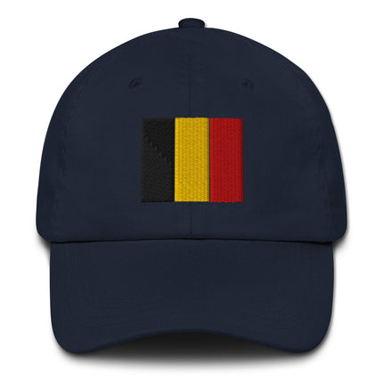 Embroidered Belgian flag baseball cap in black, yellow, and red colors.