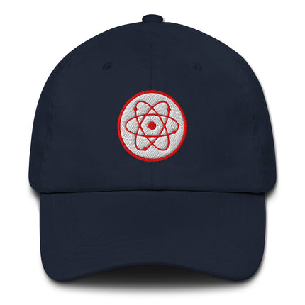 Embroidered radioactive atom symbol on a black baseball cap for science and physics enthusiasts.