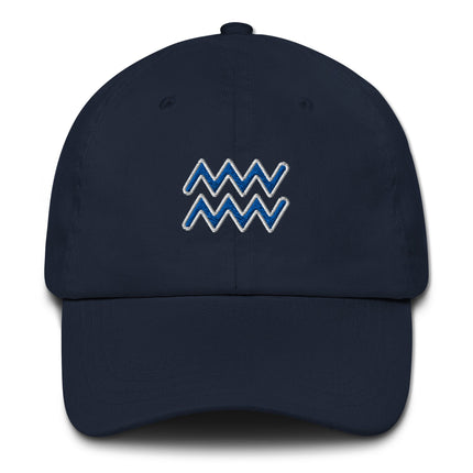 Blue embroidered dad cap featuring the Aquarius zodiac sign. Stylish astrology symbol hat.