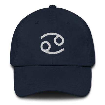 Cancer zodiac sign baseball cap with embroidered astrological symbol.