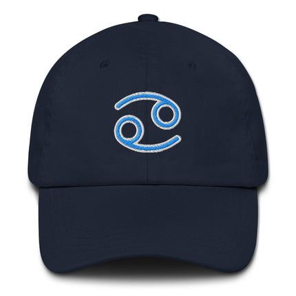 Blue embroidered baseball cap featuring the Cancer Zodiac Sign and astrology symbols.