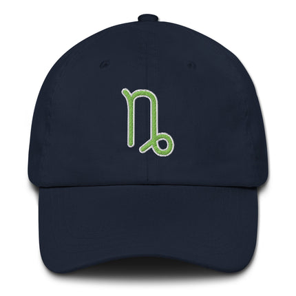 Green baseball cap featuring an embroidered Capricorn zodiac constellation symbol.