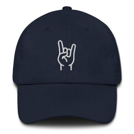 Sign of the Horns embroidery on a rock and metal baseball cap with hand gesture design.