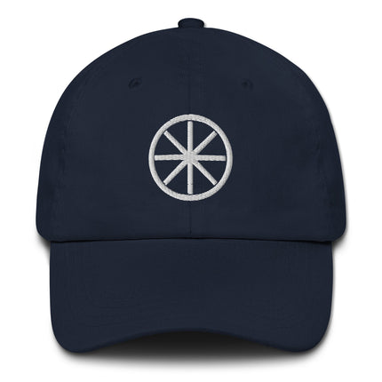 Embroidered Celtic Wheel dad hat on unstructured cotton baseball cap.