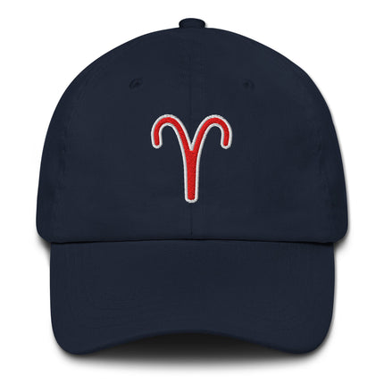 Red Aries zodiac sign embroidered on a black baseball cap.