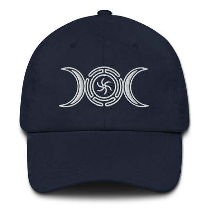 Hecate's Wheel triple moon dad hat baseball cap featuring embroidered celestial motif.