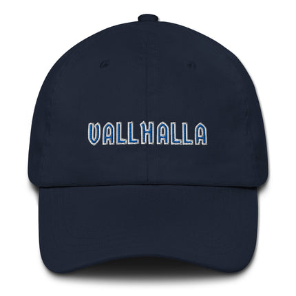 Embroidered blue baseball cap inspired by Norse Valhalla mythology and Viking designs.