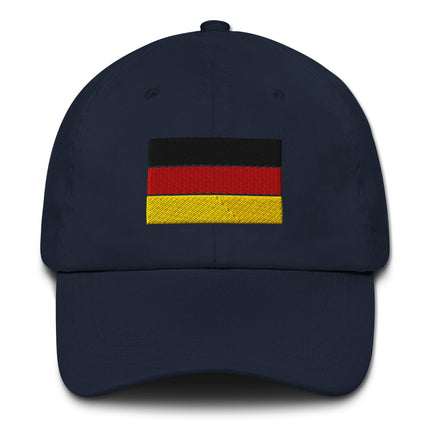 German flag embroidered dad hat baseball cap in black, red, and gold colors.