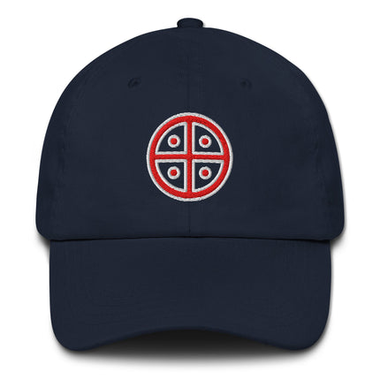 Red dad hat with embroidered solar cross sun symbol baseball cap.