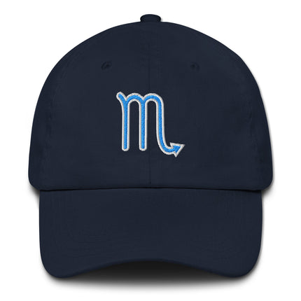 Blue embroidered baseball cap featuring the Scorpio zodiac symbol for astrology lovers.