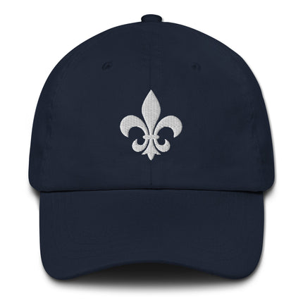 White baseball cap embroidered with a fleur de lis French lily symbol design.